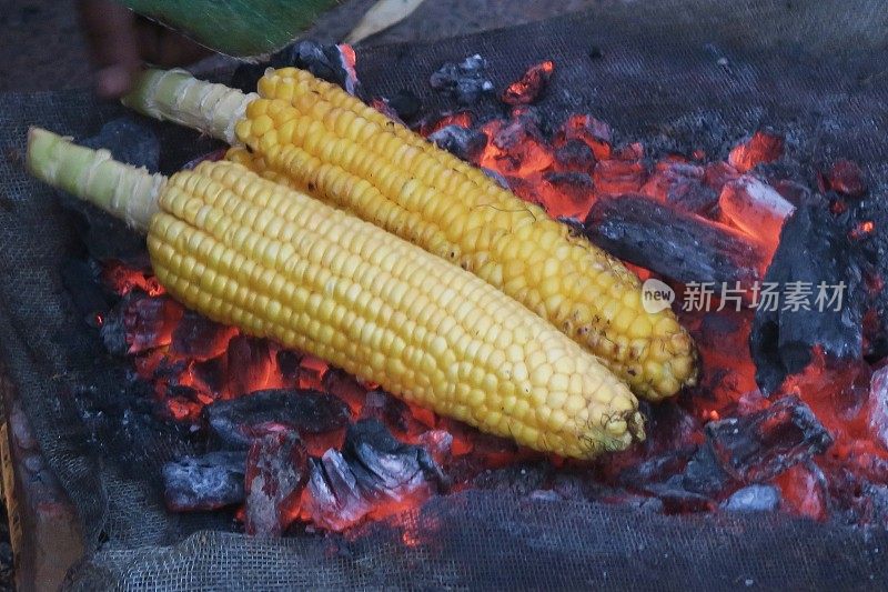 这是印度街头市场上用烧烤木炭烹饪的甜玉米/玉米棒子，不卫生的食物照片，德里肚，印度